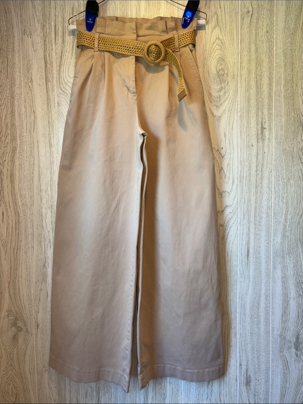 Express Beige Wide-Leg High-Rise Pants with Woven Yellow Belt